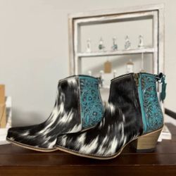 NEW Turquoise Tooled Leather Genuine Hide-on Women Bootie Cowboy Boot Western