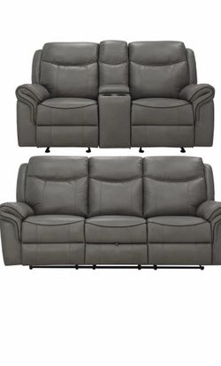 Gray Leather Reclining Sofa and Loveseat Set