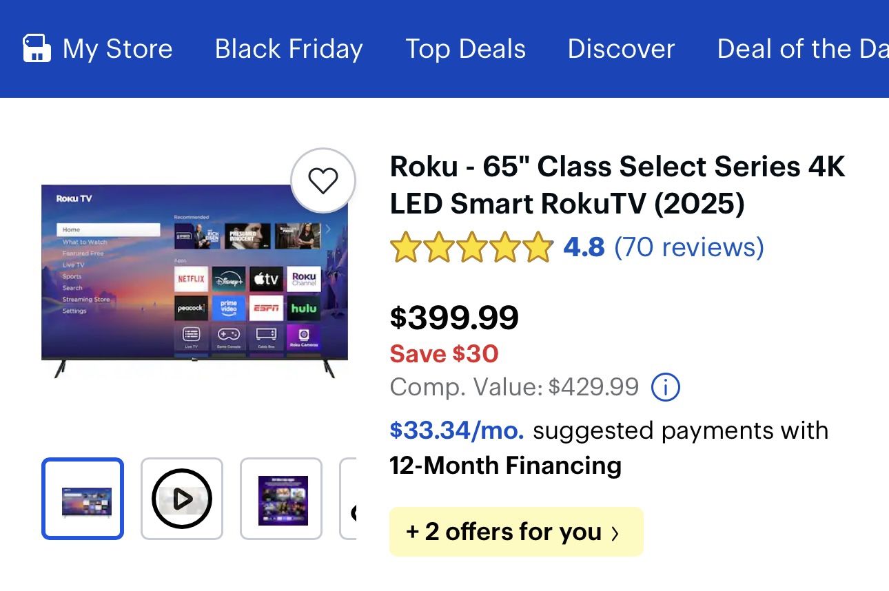 65” 4K Roku TV. Comes With $60 Wall Mount and Legs!