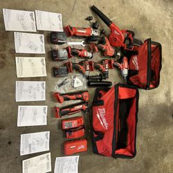 9 Piece Milwaukee Tool Set + Extra Battery And Drill Bits