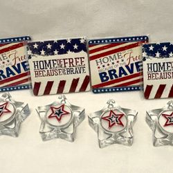 Star Shaped Tea Light Glass Candle Holders with patriotic, American flag-themed coasters Set of 4