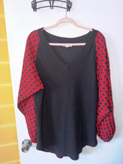 Black Waffle Knit Top with Plaid Sleeves