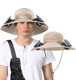 Solar Sun Hat Khaki Wide Brim Cotton Hat w/Chin Strap Mesh Panels 2 Solar Fan New