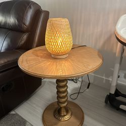 Round Side Table, Vintage End Table with Brass Ornate Base, 25.6-Inch Accent Pedestal Table with Wood Top for Living Room Bedroom