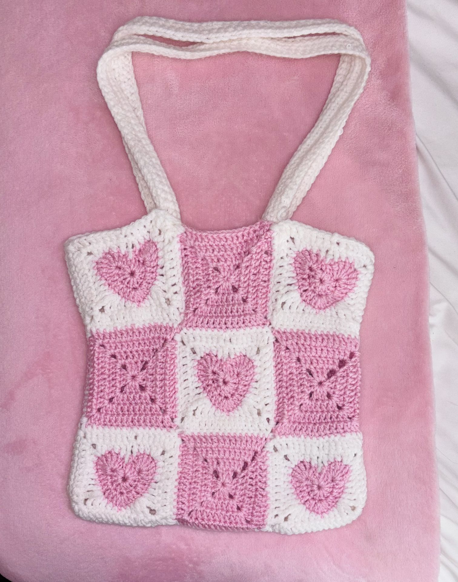 Crochet Heart Pink & White Tote Bag