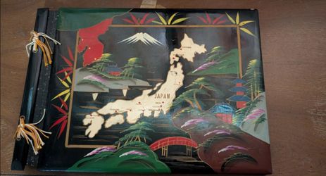 Vintage 1950s Japanese Black Lacquer Hand Painted Map Photo Album