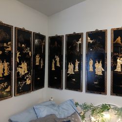 Beautiful Mid Century Chinese Black Lacquer Wall Panels Set of 4 Geisha Mountain (Mother Of Pearl)