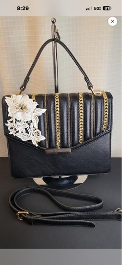 Black Structured Handbag with Gold Chain Detail