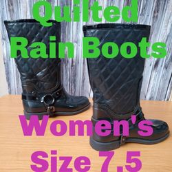 Stuart Weitzman Womens 38 U.S. 7.5 Rain Boots Black Quilted Rubber Harness Biker