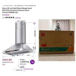 Brand new/sealed Brano 30-inch Wall Mount Range Hood 900 CFM with Voice/Gesture/Touch Control TSR06B-V30. 