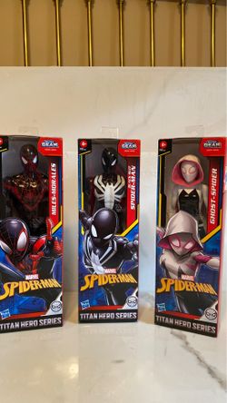 Titan Hero Series. Marvel Spider-Man. ( Miles Morales, black suit Spider-Man, and ghost-spider.