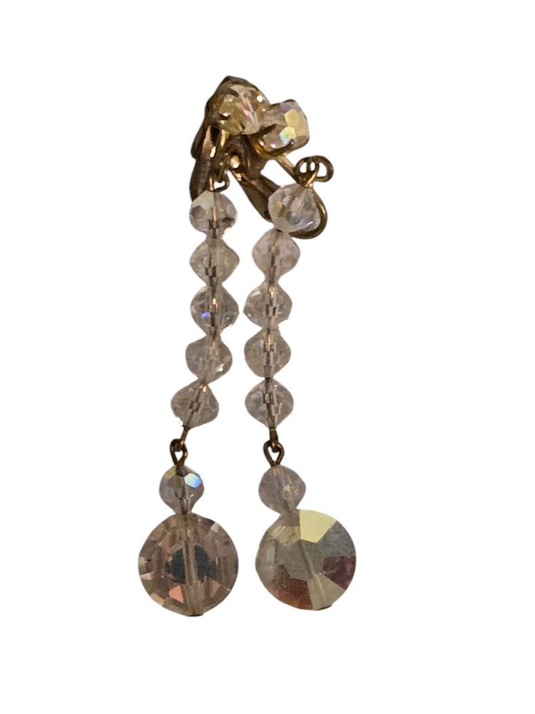 vintage teardrop AB faceted crystal clip on earrings