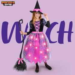 LIKE NEW Size S (5-7 yrs) Girl Kids Halloween Costume Witch Set Spooktacular Creations Kids, Light Up Halloween Costumes Witch Dress with Hat and Broo