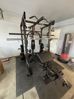 Vesta Fitness Smith Machine 2001 w/Bench Attachment | 230lb Bumpers Weights | 7ft Olympic Bar | Fitness | Gym Equipment | FREE DELIVERY & INSTALL🚚