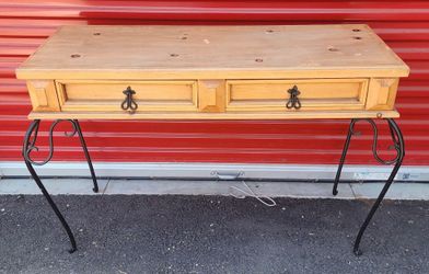 Southwestern Mexican Style Pine And Scrolled Wrought Iron Console Table