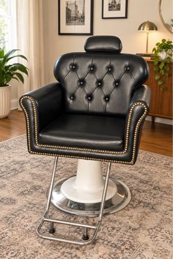 Large Black Tufted Ornate Barber Chair / Vintage Salon Styling Chair
