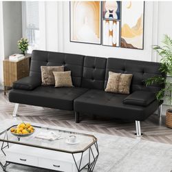Homall Futon Sofa Bed, Leather Futon Couch, Adjustable Recliner Sleeper Sofa Bed, Black