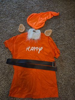 Happy Dwarf costume featuring an orange t-shirt with "HAPPY"
Size Large