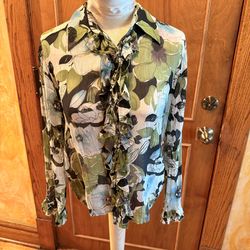 Silk Ruffled Floral Button-Up Blouse in Olive & Black size M