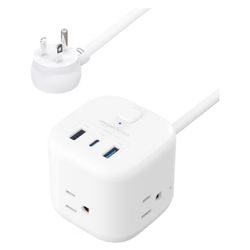 Power Strip Cube 3 Outlet 3 USB Ports [NEW], 1 USB-C(15W) and 2 USB-A(12W), 5 ft Extension Cord, Home, Office, Travel, White