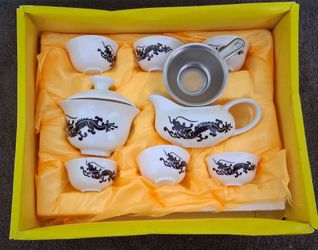 Rare Vintage "Dr. Tea" Ceremonial White Porcelain Tea Set – Flawless Mint Condition Black Dragon Gongfu Set in Original Silk-Lined Box