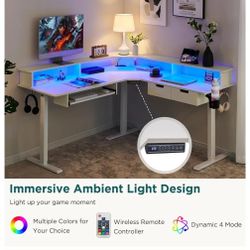 Desk 60 Inches L Shaped Electric Standing Desk, Height Adjustable Corner Gaming Desk with Drawers, Keyboard Tray, Power Outlets & LED Lights,