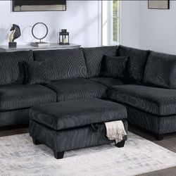 3-Pc Black Corduroy Sectional Sofa With Storage Ottoman & USB Port No Tax 