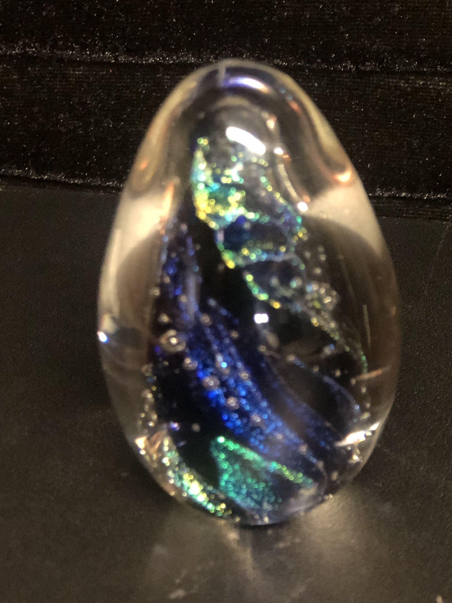 Art Glass Egg Shaped Paperweight Bubbles,Metallic Blue/Black Swirl Twist Design