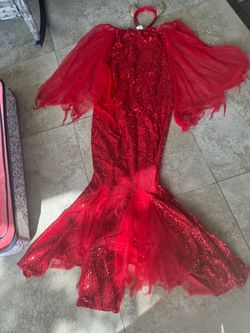 Red Sequin Devil Costume Gown with Sheer Sleeves & Horn Headband, Size M