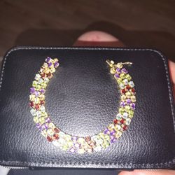 925 Multicolor Gemstones Gold Tone Tennis Bracelet 