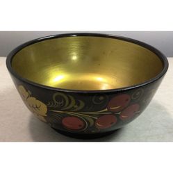 Russian Khokhloma Lacquered Wood Bowl USSR Floral & Berry