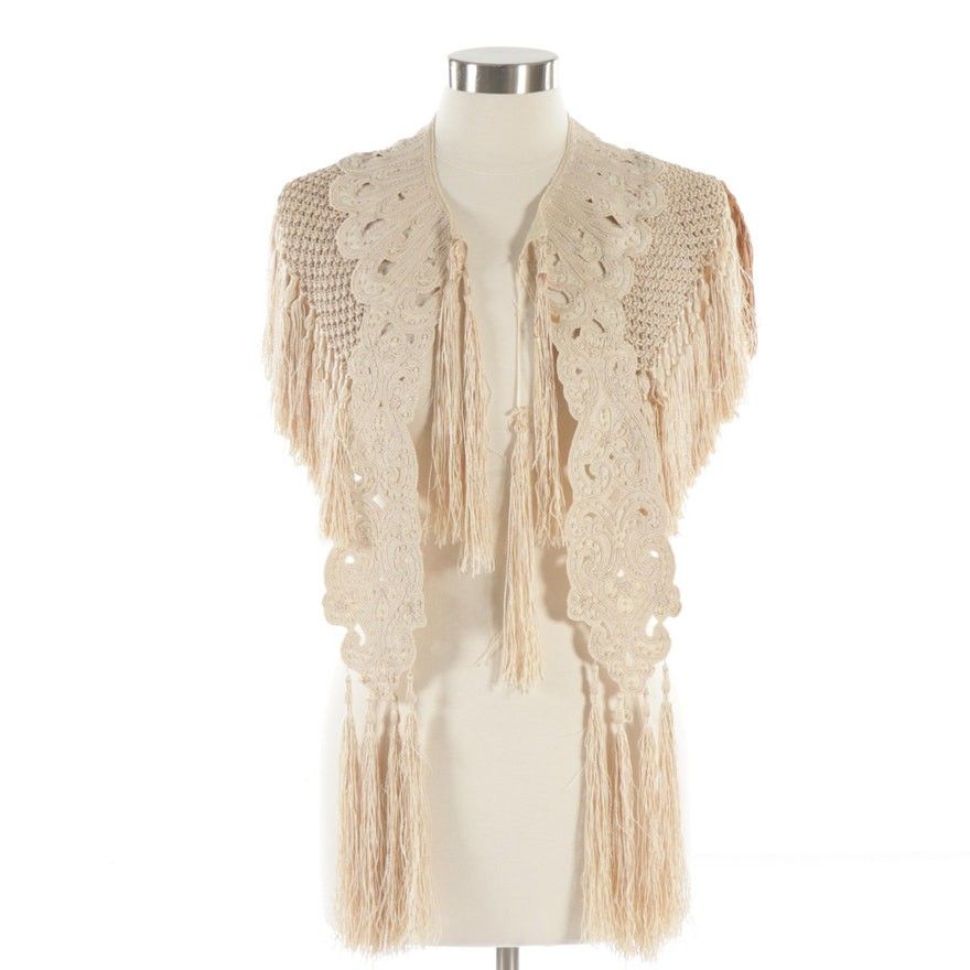 Amazing Victorian Silk Knit Shawl with Hand Embroidery and Hand Knotted Fringe