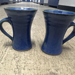 Handmade Pottery Cups Set Of 2 In Blue