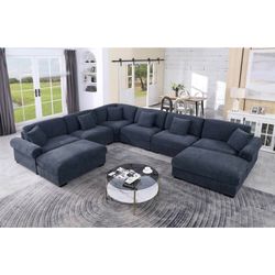 Latitude Run Worthland 8 Piece Modular Sectional Sofa Dark Blue Chenille Cloud Couch Deep Seat 143”