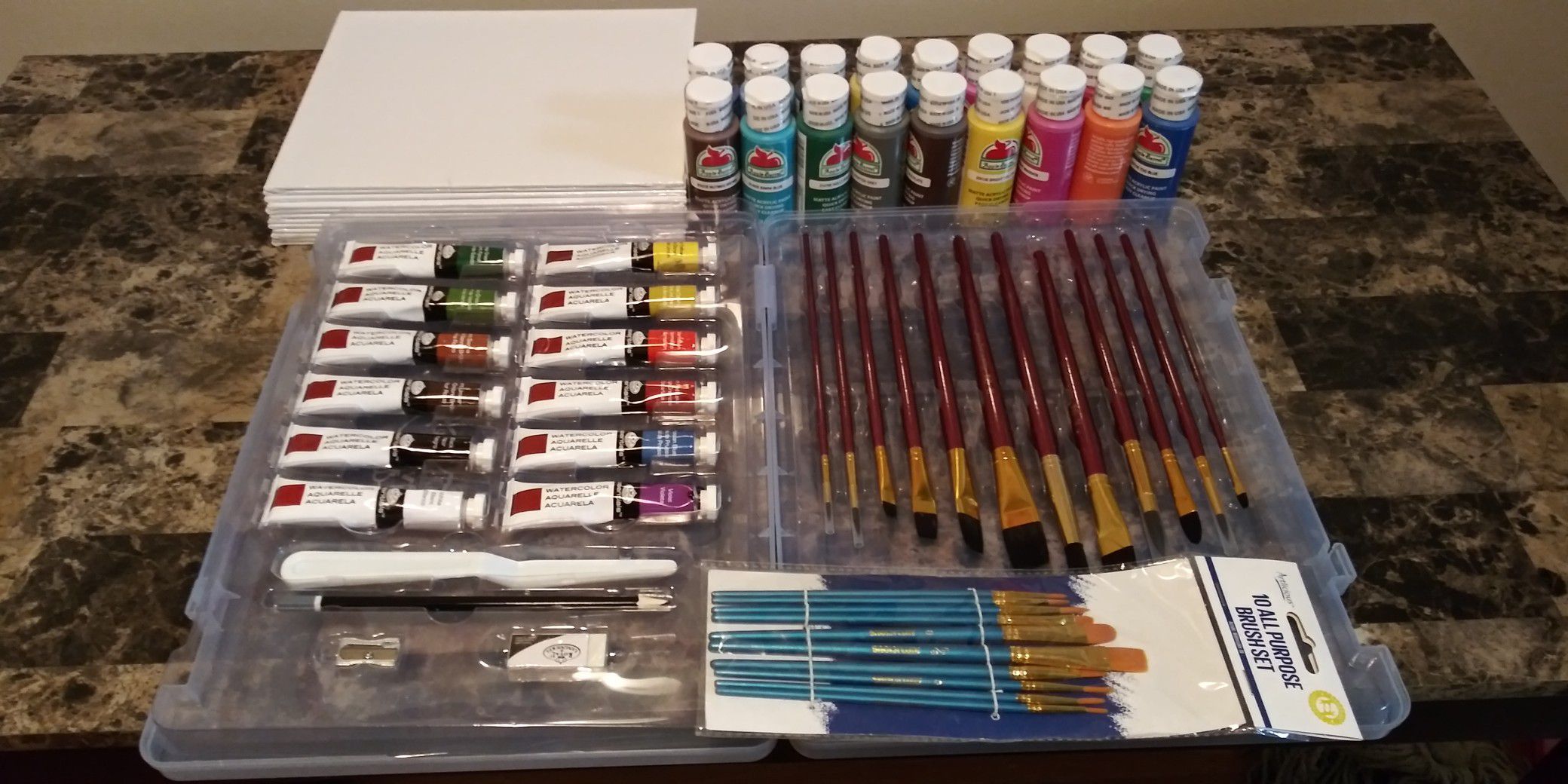 Art Supplies Water & Acrylic paints, Canvasses, and 2 sets of brushes