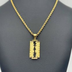 10k solid yellow gold Hip Hop Blade pendant charm & 21” 3.5mm rope chain necklace 12.5 grams