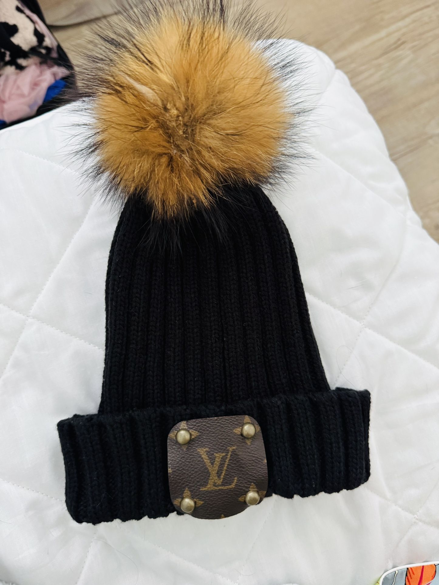 New Black Beanie With Pouf and Authentic Louis Vuitton Patch