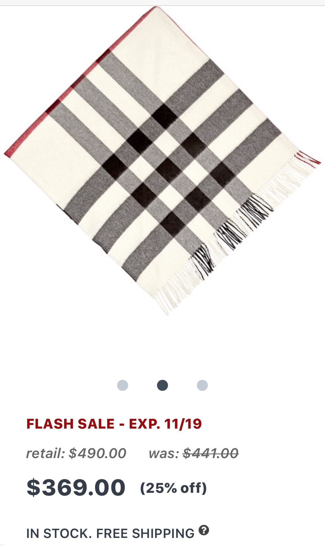 Burberry Brand new Fashion scarf 100% cashmere wool. In natural white color. Very very elegant. In stores it sells for $390. My wife doesn’t want it.