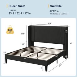 Queen Size Velvet Platform Bed Frame with Vertical Tufted Wingback Headboard, Easy Assembly, Under Bed Storage, No Box Spring Required, Modern Style, 