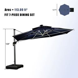 12 Feet Cantilever Umbrella Large Round Umbrella Outdoor Umbrellas Offset Sun Umbrellas Patio Umbrella with Base and Solar Lights