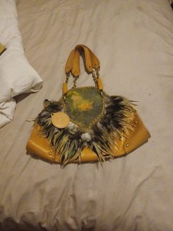 Limited Edition  VINTAGE mural & Ostritch Feather SHERIFF LEATHER LG TOTE BAG