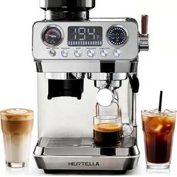 ☆ HERTELLA Espresso Machines with Burr Grinder, 20 Bar Visual Pressure Gauge, Milk Frother Steam Wand, Stainless Steel, 4 Temperature Modes (Hot and C