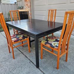 Michael Taylor *Black Lacquered Walnut* Dining Table w/ 2 Extensions & Italian Cherry Chairs