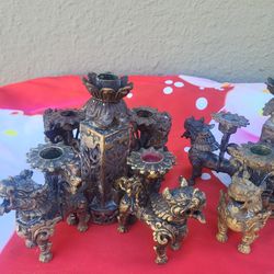 Antique Chinese Bronze Pixiu Kylin Foo Dog Candelabra Vintage Candle Holders
