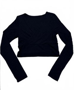 SHEIN Black Ribbed Long Sleeve Crop Top Wrap Front Surplice V-Neck XS Y2K