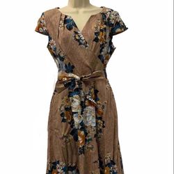 ✨New✨ Adult Woman Large Size 10-12 Beige Navy Ivory Floral Magnolia Peony Stretch Dress Pockets Zip Up Tie Waist 