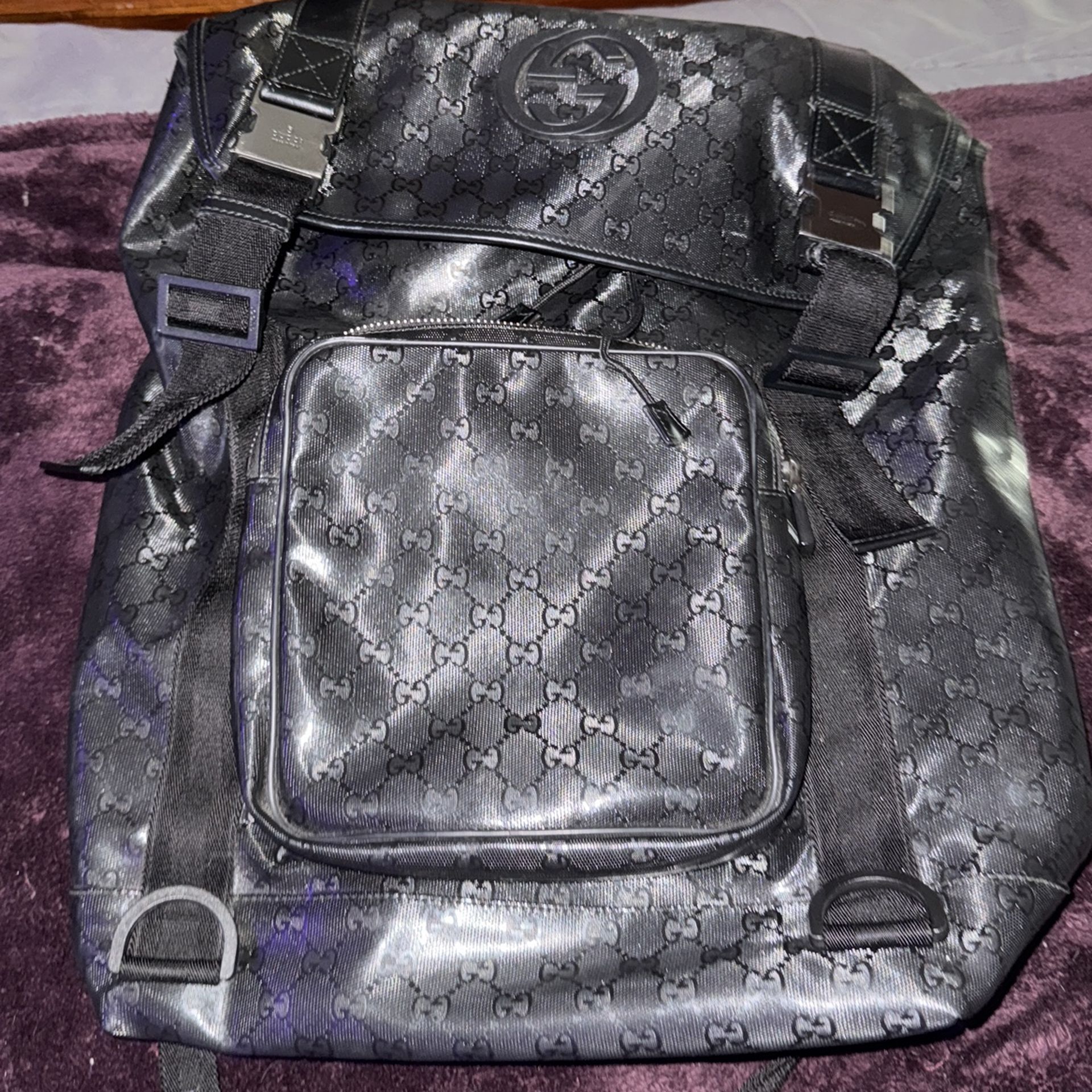 (Used) Gucci Imprime Monogram Interlocking G Double Buckle Backpack Black