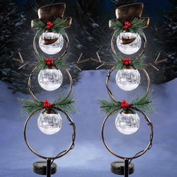 Solar Christmas Yard Decorations, Outdoor LED Solar Powered Glass Ball Lights, Xmas Snowman Pathway Lights, Metal Solar Garden Stake Lights, Snowman C