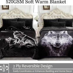 Brand New - 5 LB Blanket Queen 75' x 87' - 2 Ply Reversible 520GSM Plush Flannel, Moon Wolf/Wolf