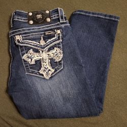 Miss Me Signature Cuffed Capi 28 Cross Crystal Embellished  Back Pockets 